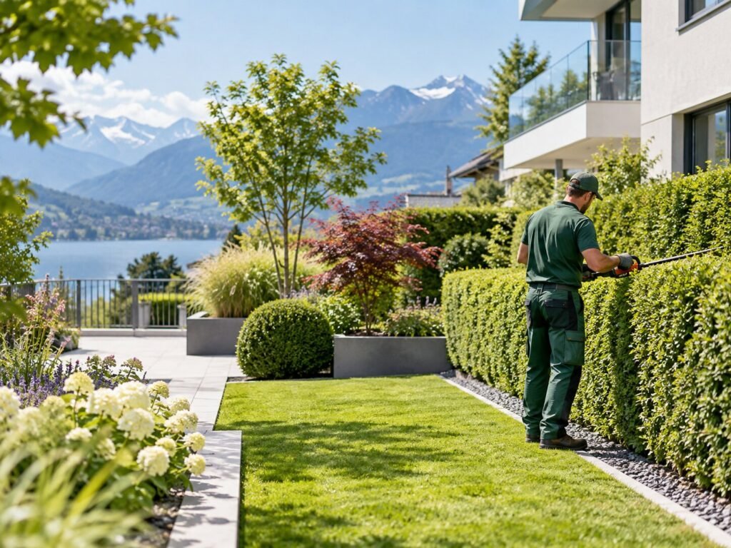 Gardener Trimming a Lakeside Mountain Garden img